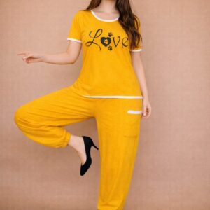 Comfortable Yellow Printed Cotton Jersey Night Suit - 2 Pcs Set