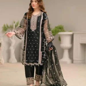 3Pcs Women's Stitched Organza Embroidered Suit