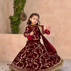 3 Pcs Girl's Shamoz Silk Embroidered Shirt And Skirt Set