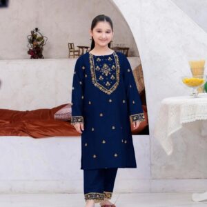 2 Pcs Girl's Linen Embroidered Kurta And Shalwar Suit